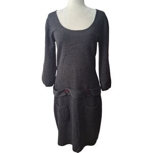 Tweeds Women Grey Knit Sweater Dress Merino Wool Blend 3/4 Sleeves Scoop Neck L